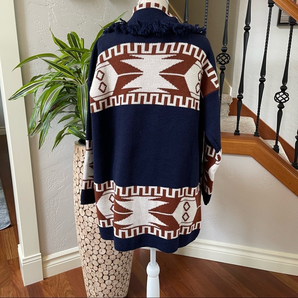 Cocogio Womens Navy Blue Aztec Print Fringe Wool Blend Long Cardigan New! - Picture 2 of 8